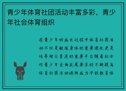 青少年体育社团活动丰富多彩，青少年社会体育组织
