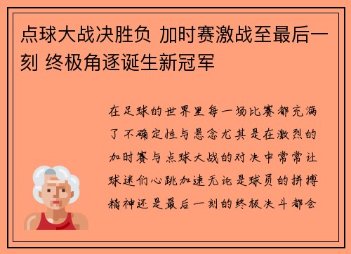 点球大战决胜负 加时赛激战至最后一刻 终极角逐诞生新冠军