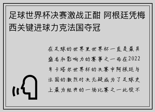 足球世界杯决赛激战正酣 阿根廷凭梅西关键进球力克法国夺冠