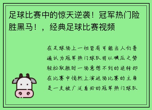 足球比赛中的惊天逆袭！冠军热门险胜黑马！，经典足球比赛视频