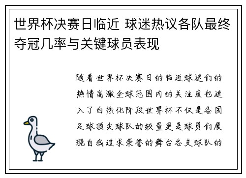 世界杯决赛日临近 球迷热议各队最终夺冠几率与关键球员表现